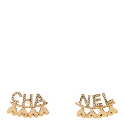 Chanel Crystal Heart Cha-Nel Logo Earrings Gold 1 of 6