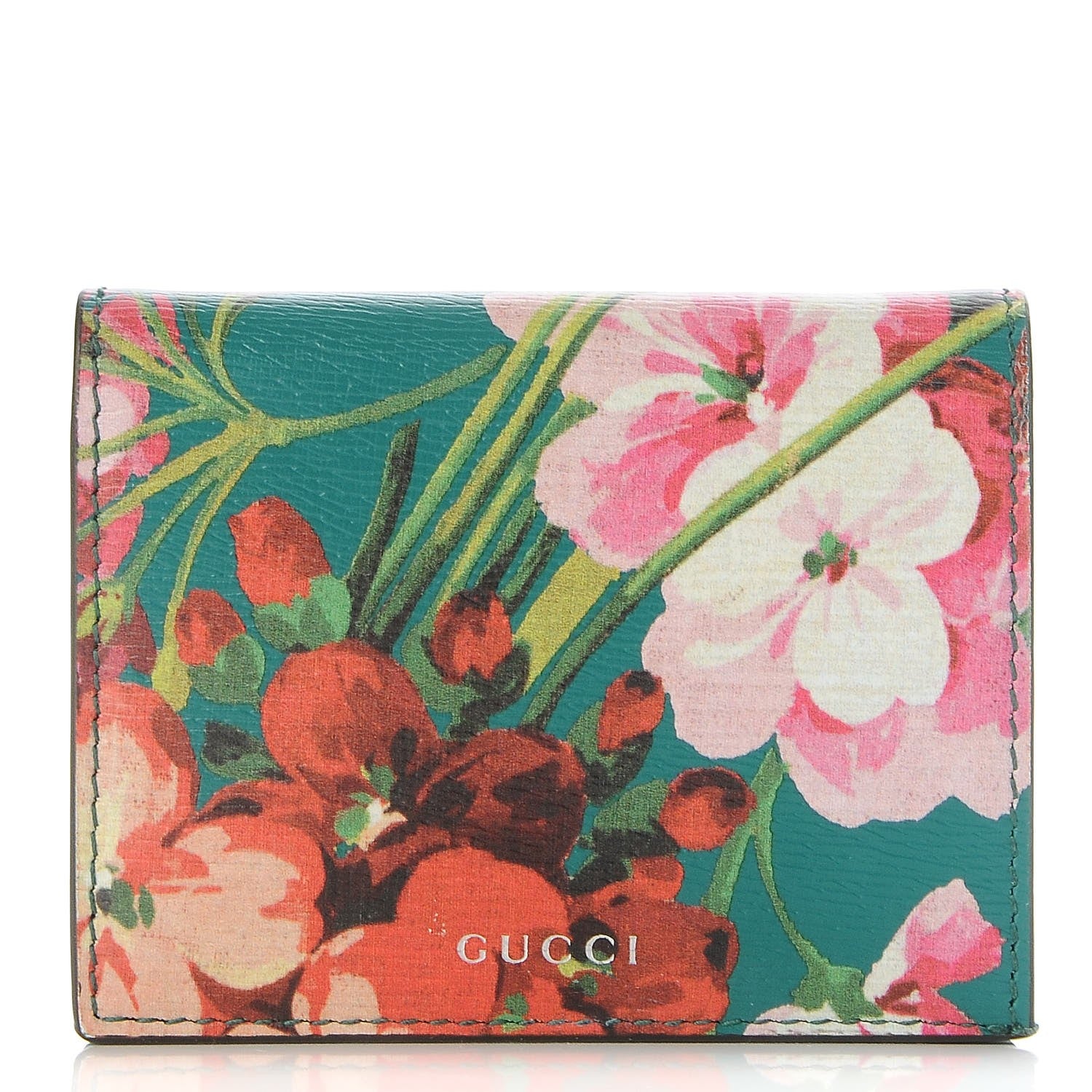 Gucci Shangai Calfskin Blooms Print Card Case Wallet Clear Bright Emerald Multicolor 1 of 7