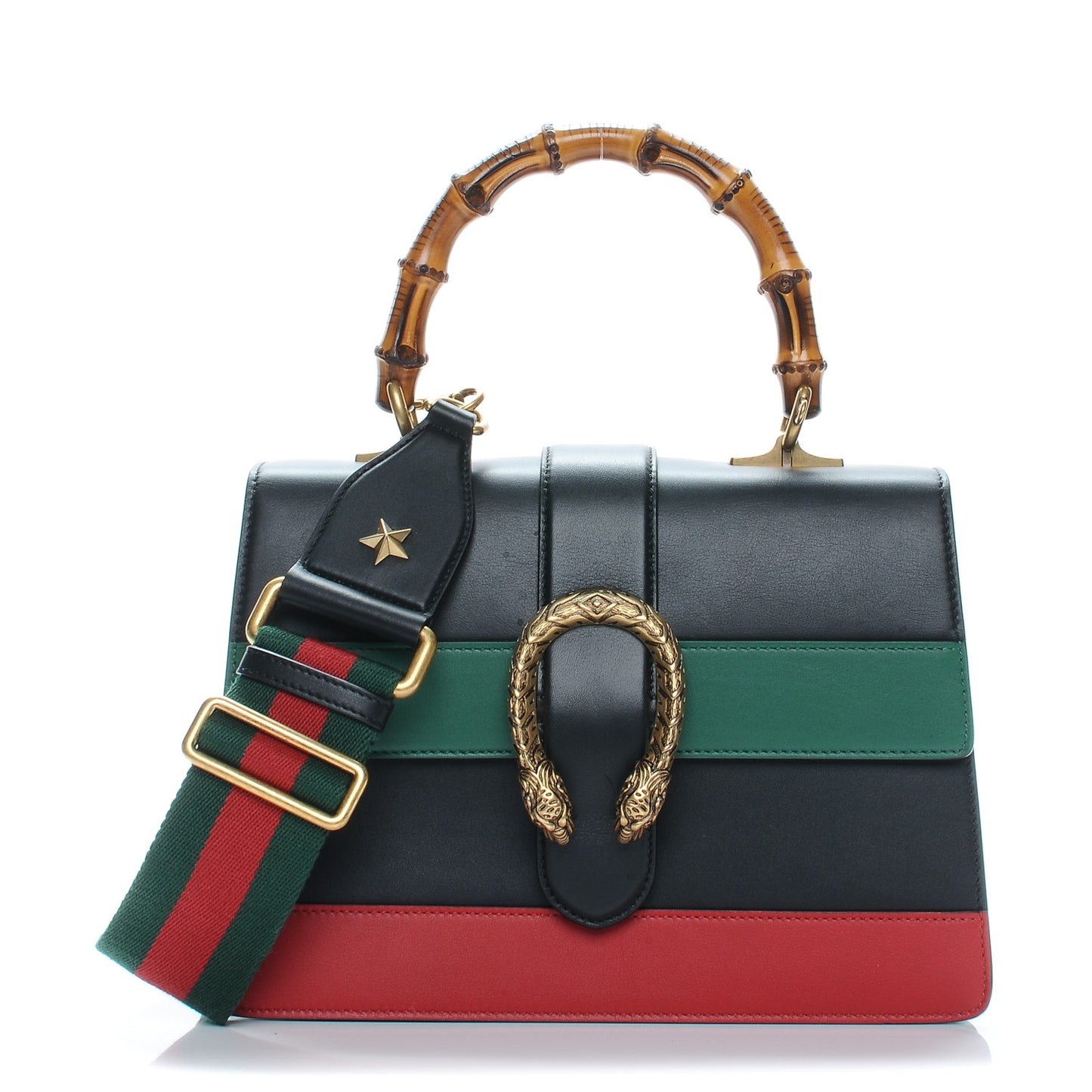 Moon Calfskin Web Medium Dionysus Bamboo Top Handle Bag Black Bright Evergreen Hibiscus Red