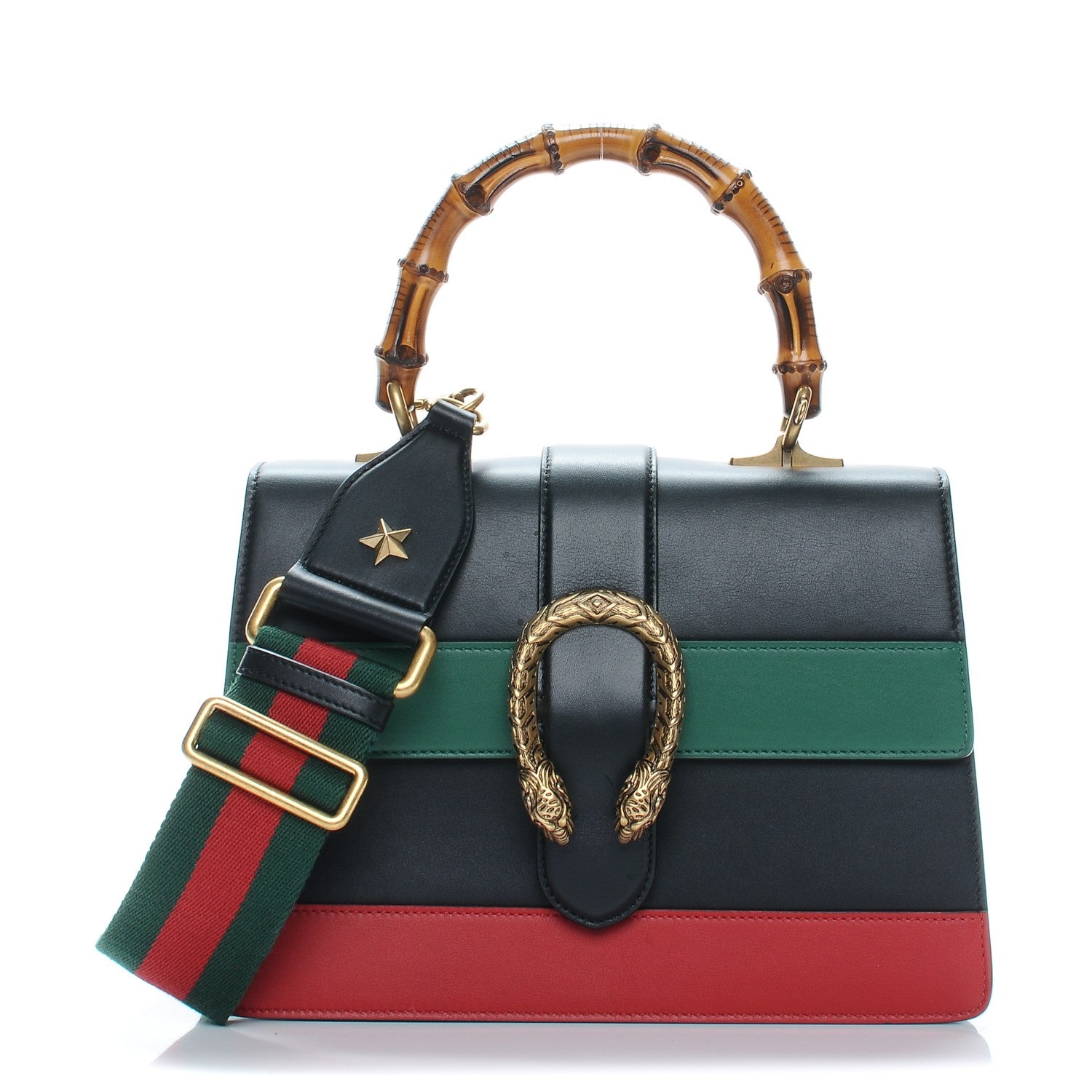 Gucci Moon Calfskin Web Medium Dionysus Bamboo Top Handle Bag Black Bright Evergreen Hibiscus Red 1 of 7