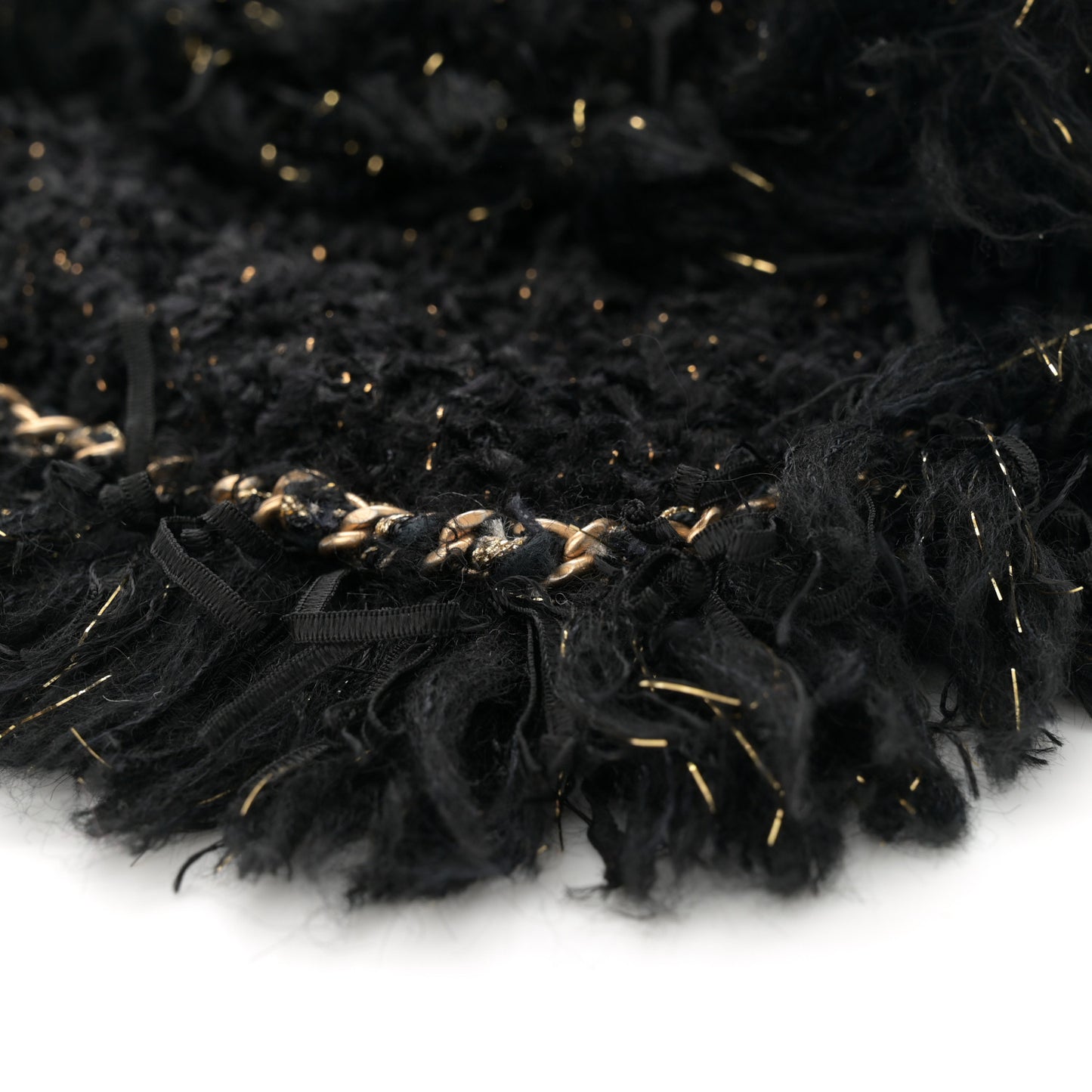 Tweed Fringe Quilted Chain Around Flap Clutch Black Gold