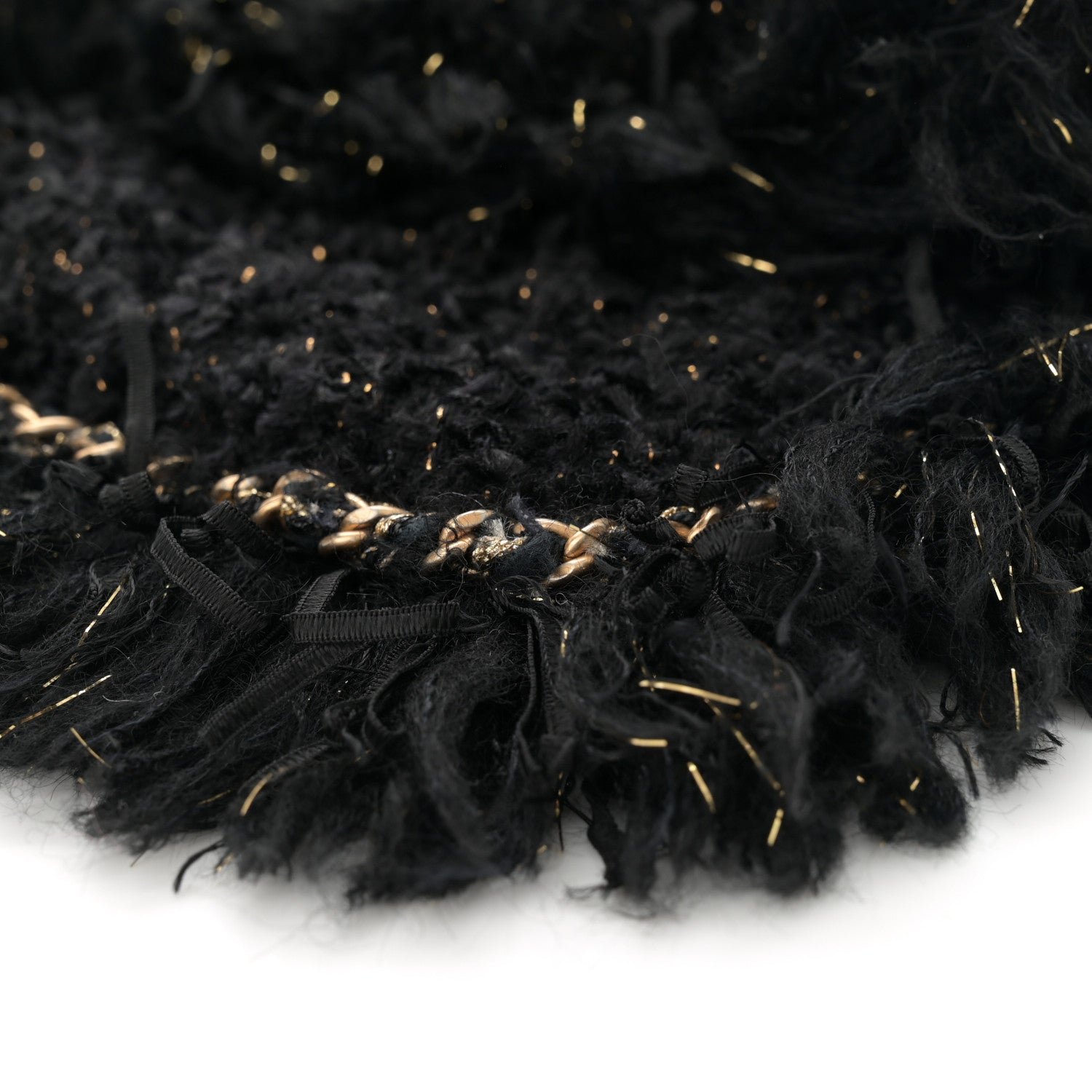 Chanel Tweed Fringe Quilted Chain Around Flap Clutch Black Gold 10 of 10