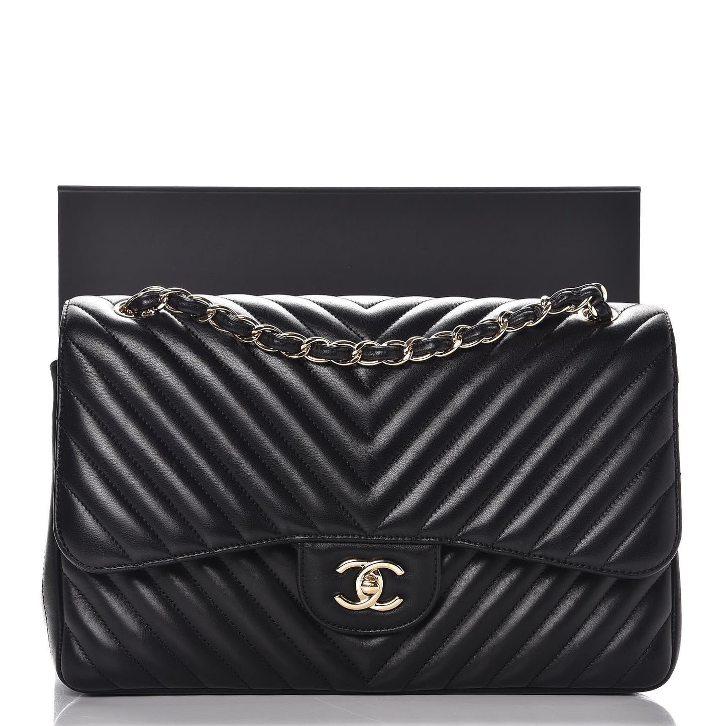 Lambskin Chevron Quilted Jumbo Double Flap Black