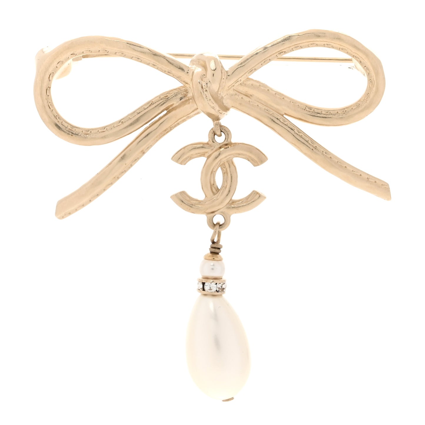 Pearl Crystal CC Bow Drop Brooch Gold Pearly White