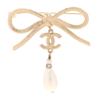 Chanel Pearl Crystal CC Bow Drop Brooch Gold Pearly White 1 of 4