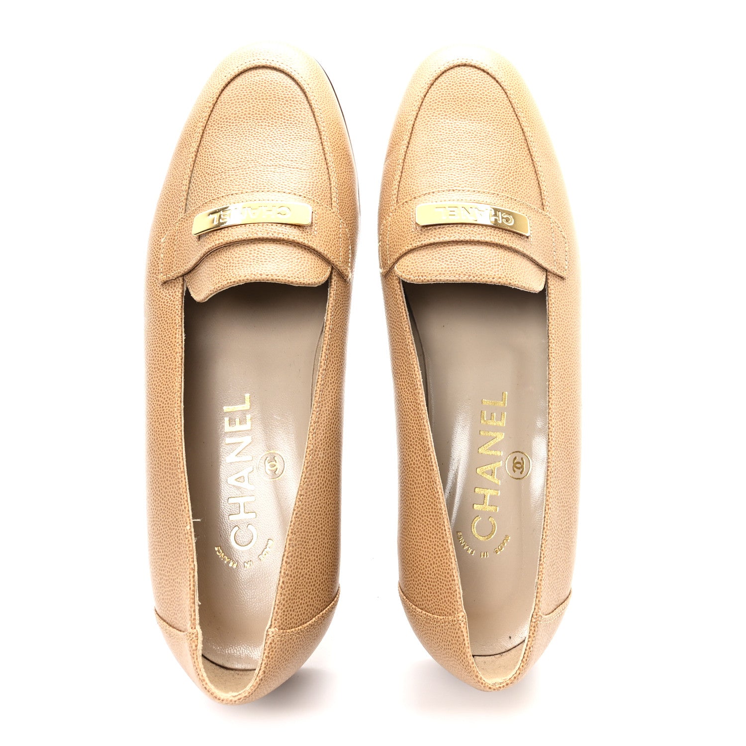 Chanel Caviar Logo Plate Moccasin Loafers 38.5 Beige 2 of 9
