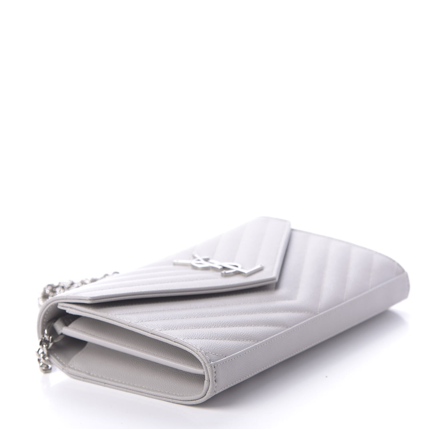 Saint Laurent Grain De Poudre Matelasse Chevron Monogram Chain Wallet Light Grey 4 of 9
