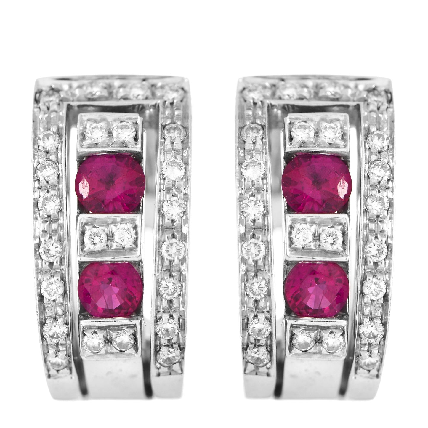 18K White Gold Diamond Ruby Belle Epoque Hoop Earrings