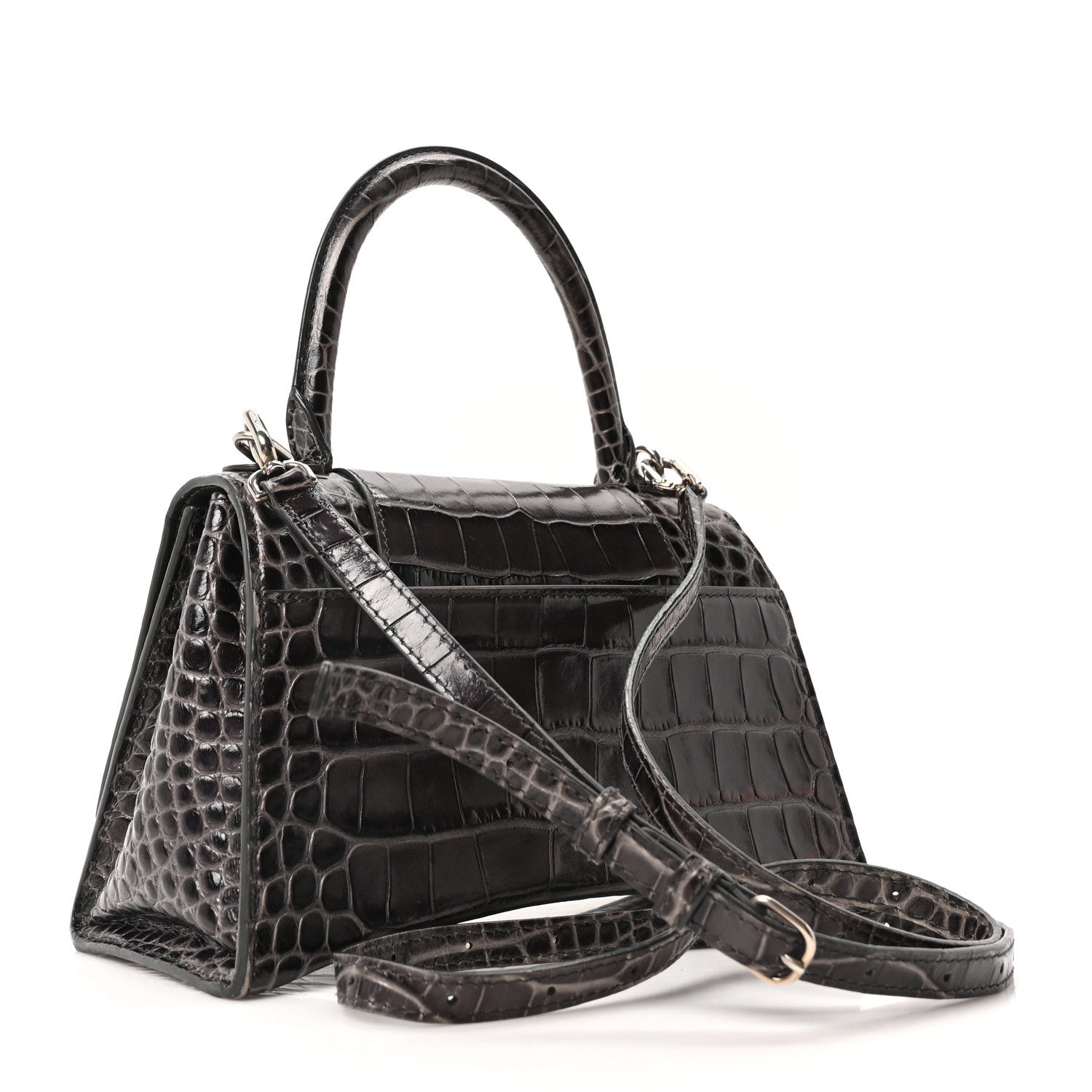 Balenciaga Shiny Calfskin Crocodile Embossed Small Hourglass Top Handle Bag Dark Grey 3 of 9