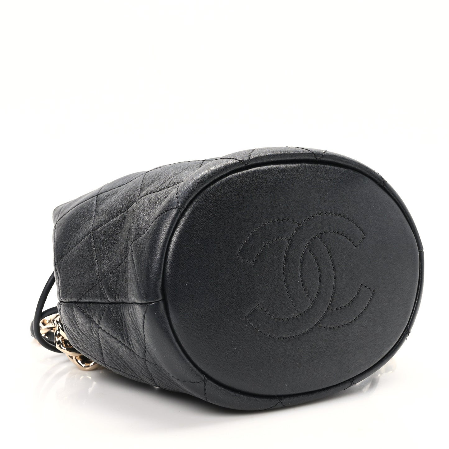 Shiny Lambskin Quilted Chain Is More Drawstring Bag Black