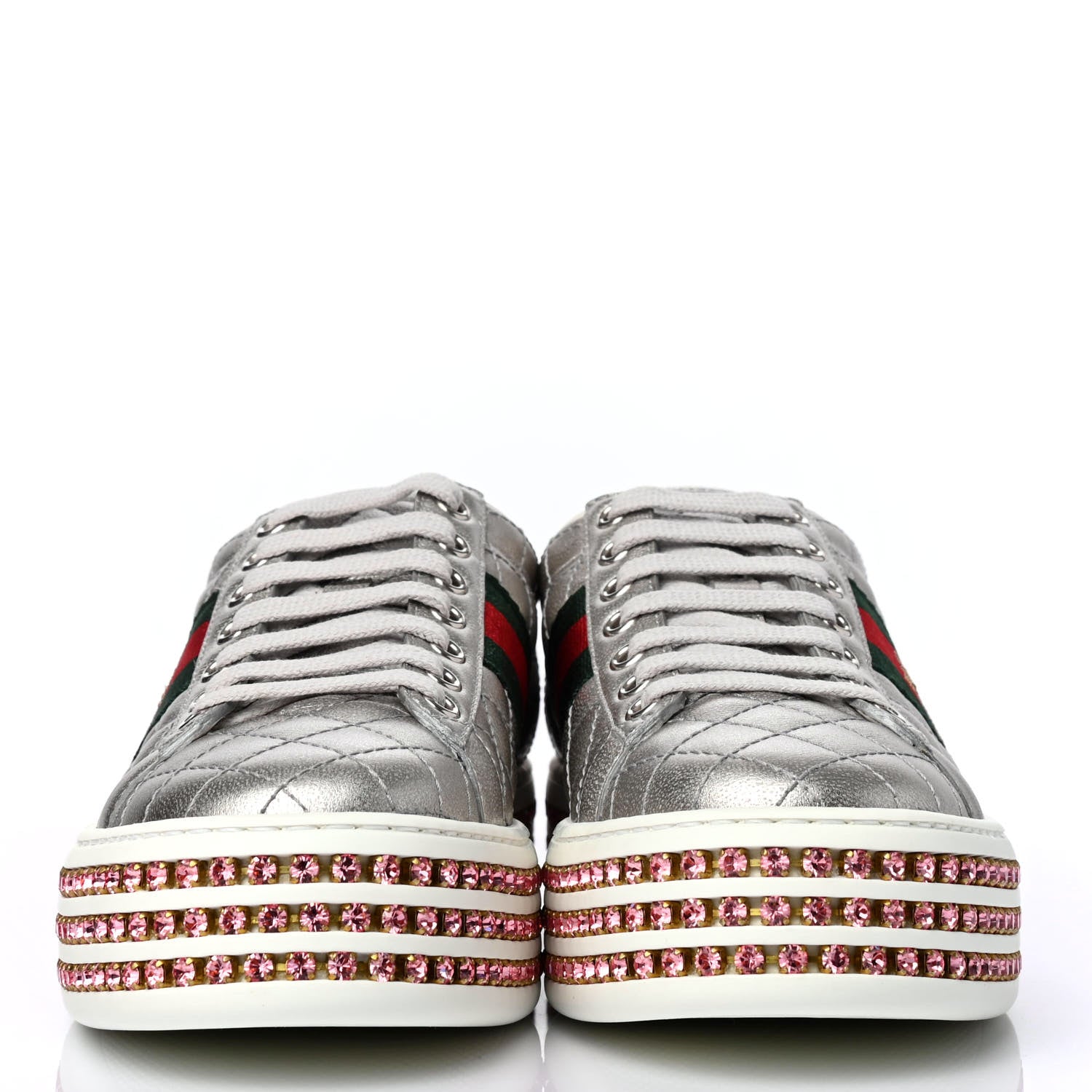 Gucci Laminated Nappa Crystal Web Bee Embroidered Trapuntata Womens Ace Platform Sneakers 36 Argento 2 of 4