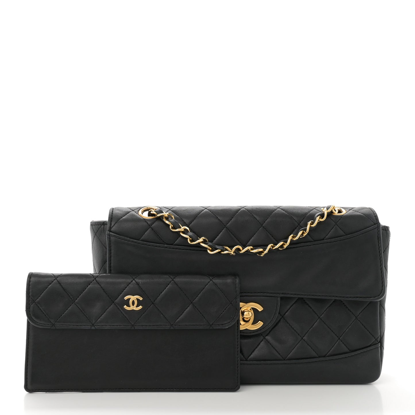 Lambskin Quilted Small Single Flap With Pouch Black
