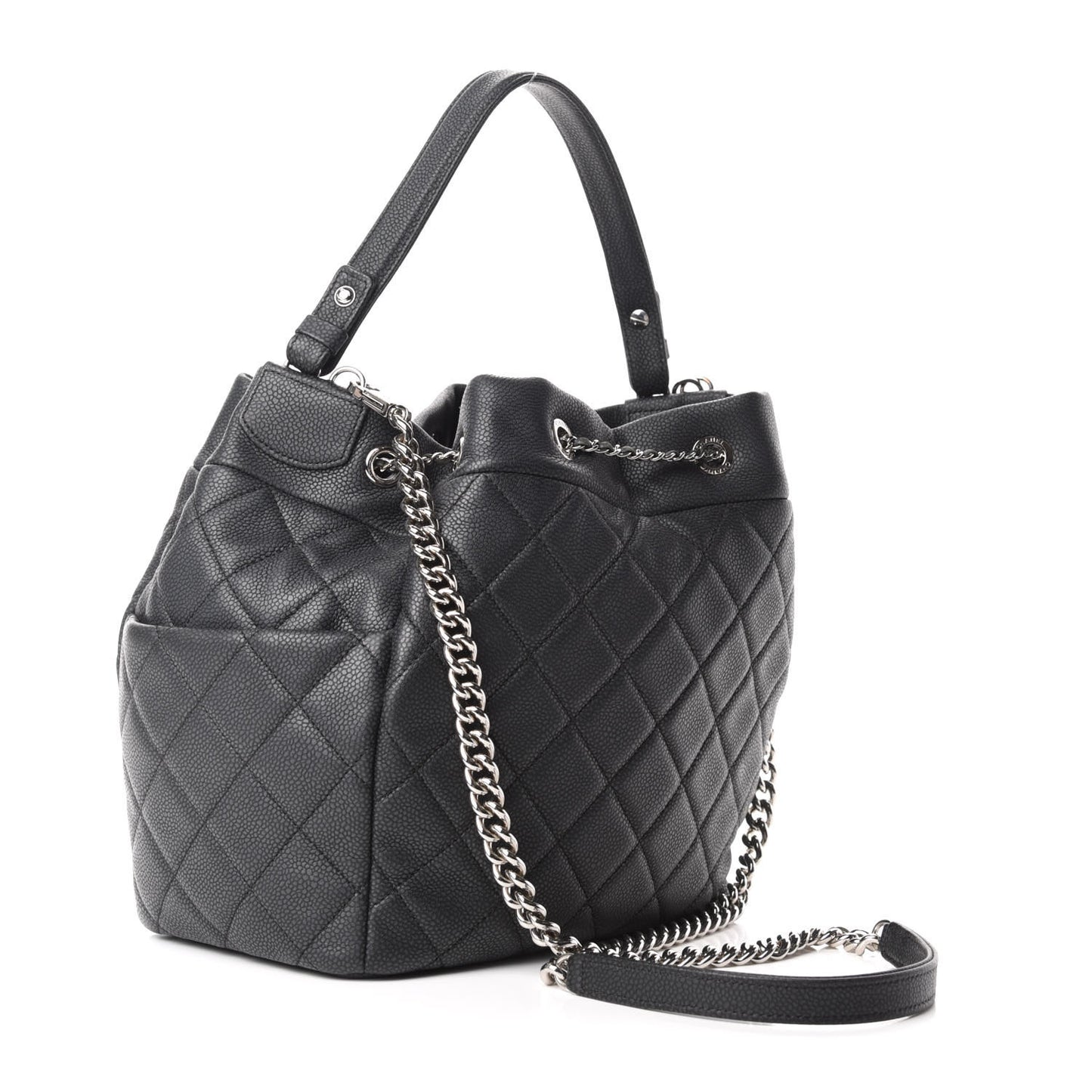 Caviar Flat Quilted CC Chain Bucket Drawstring Bag Black
