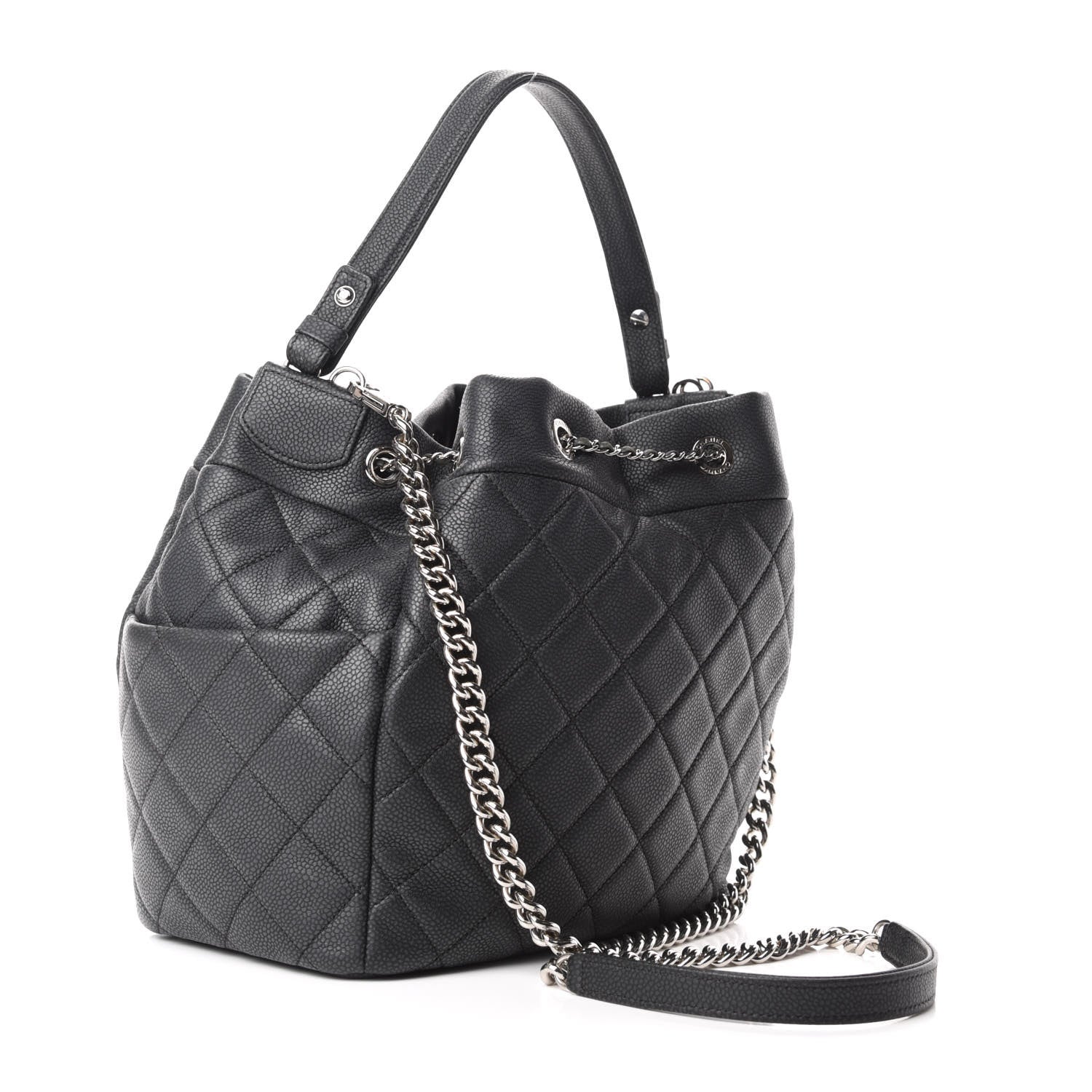 Chanel Caviar Flat Quilted CC Chain Bucket Drawstring Bag Black 3 of 9