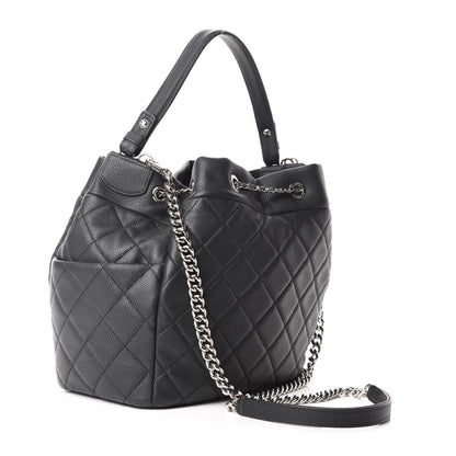 Chanel Caviar Flat Quilted CC Chain Bucket Drawstring Bag Black 3 of 9