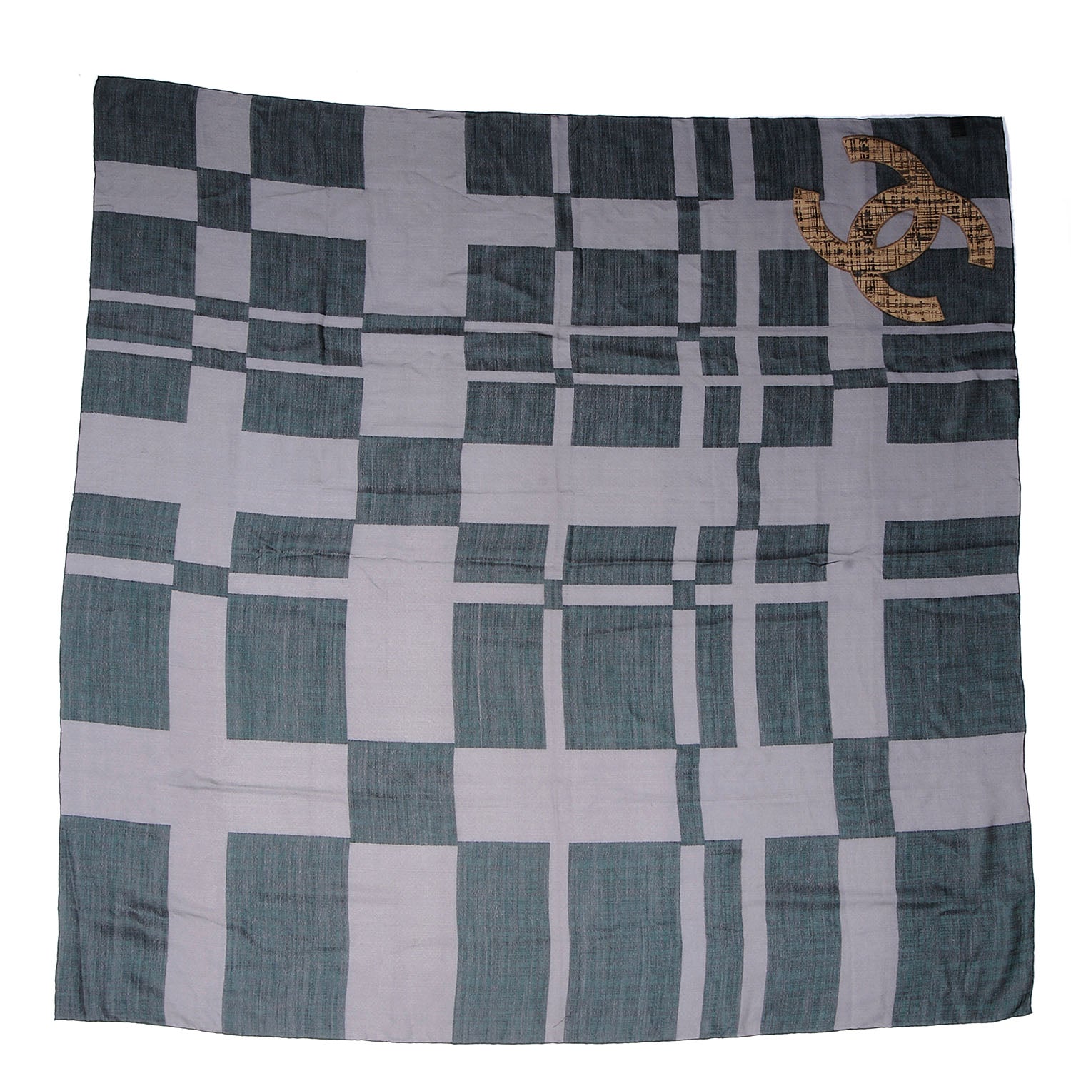 Chanel Wool Silk Tweed CC Logo Scarf Green Black 2 of 5