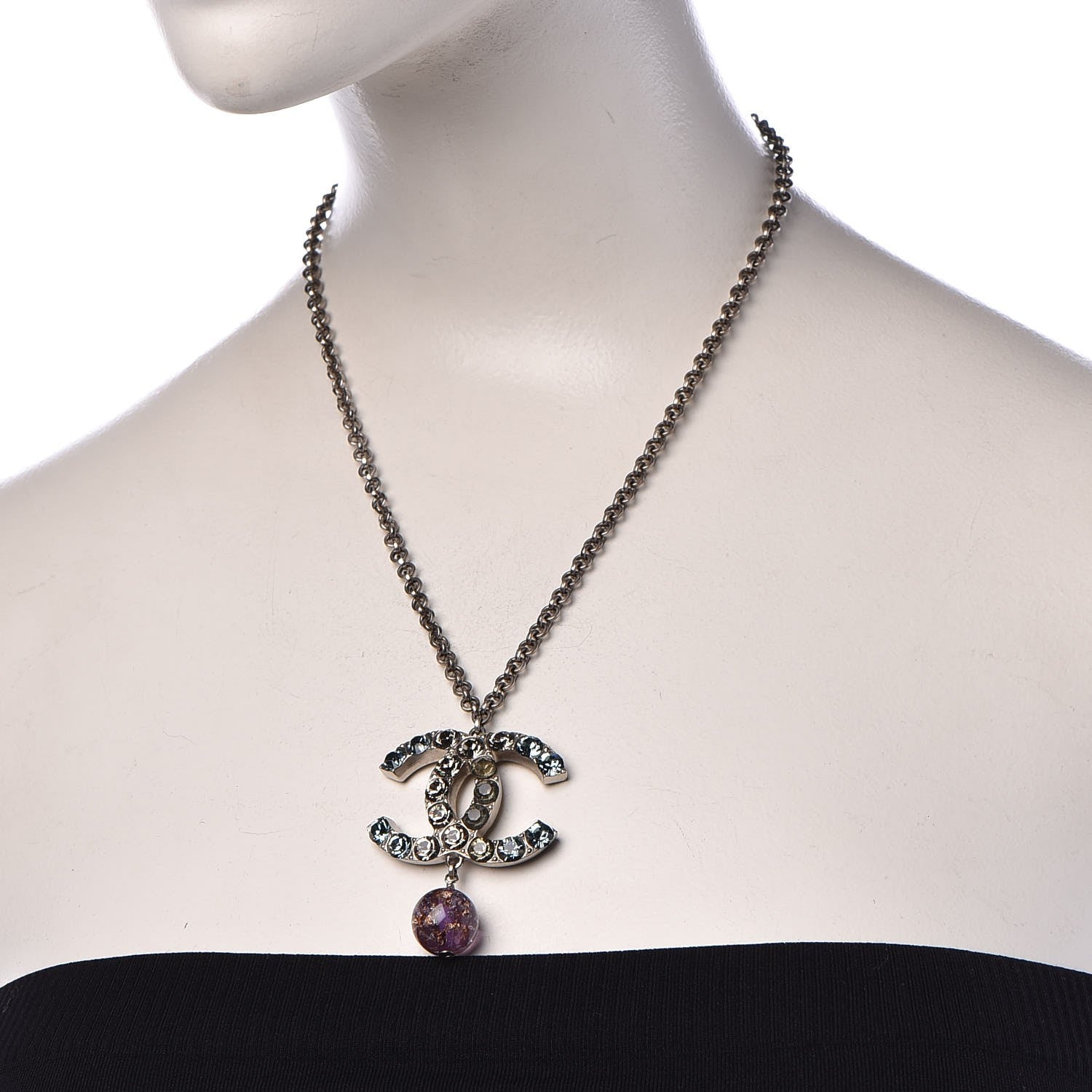 Chanel Crystal CC Drop Necklace Silver Blue Purple 2 of 8