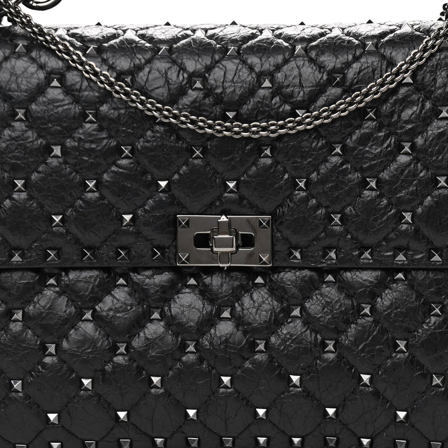 Craquele Nappa Large Rockstud Spike Shoulder Bag Black