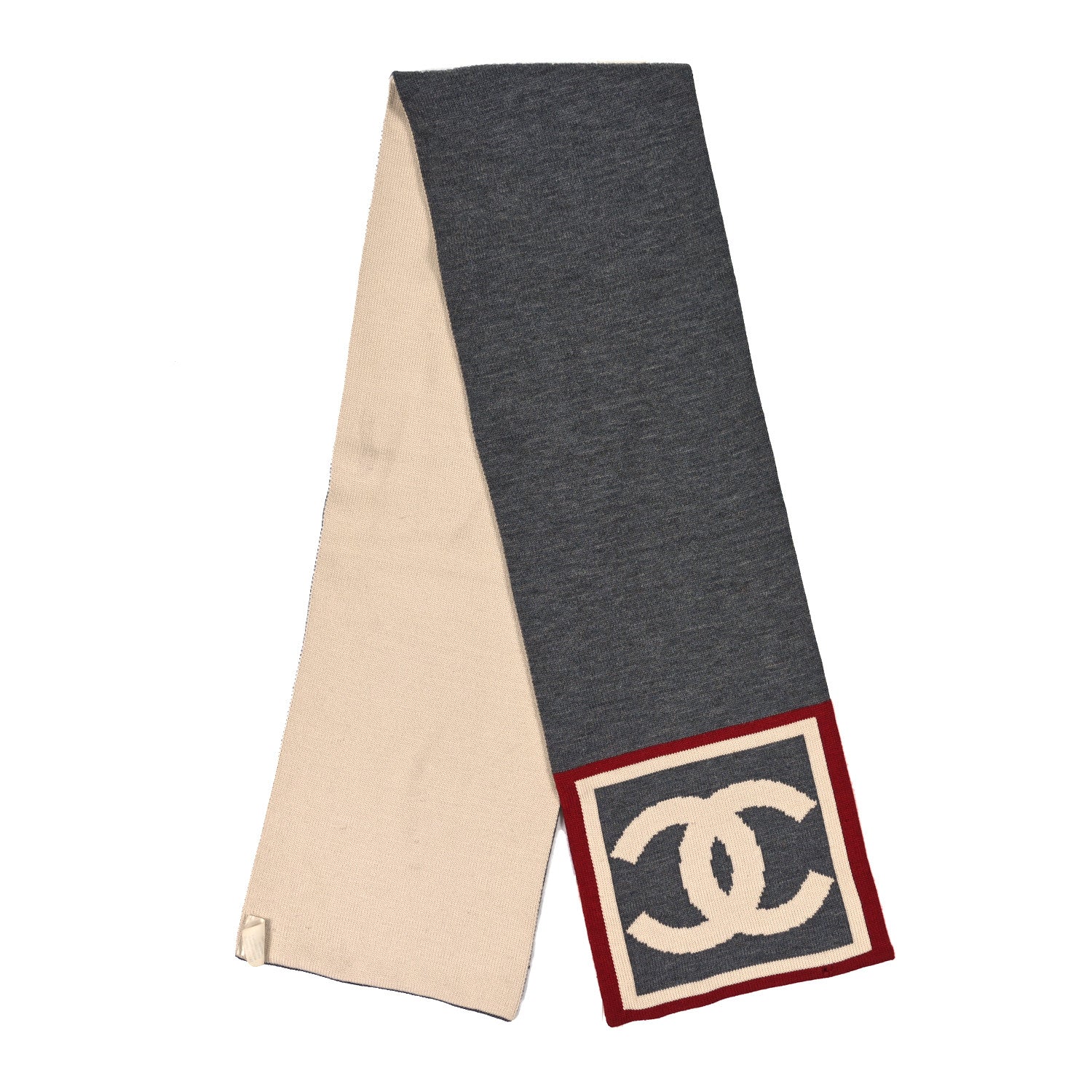 Chanel Cashmere Wool Silk CC Scarf Grey White Red 2 of 4