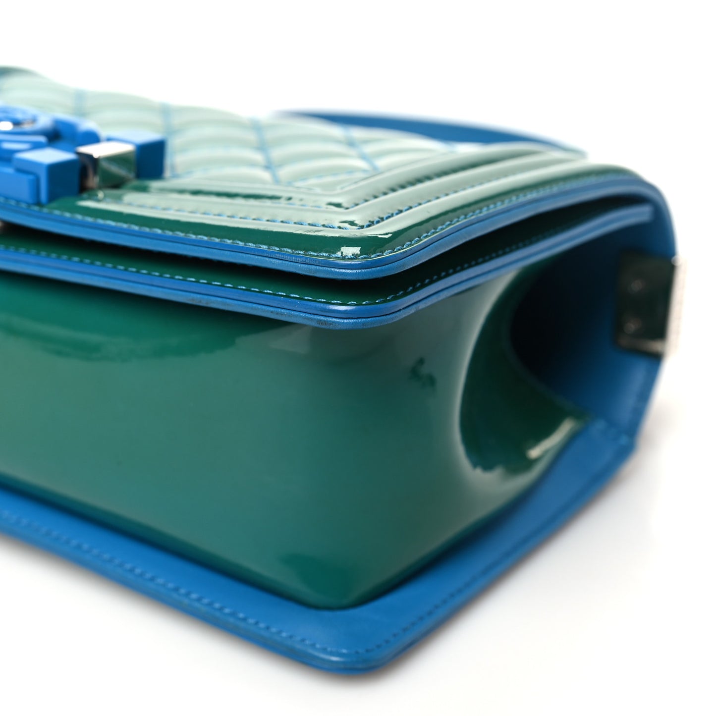 Patent Calfskin Quilted Small Plexiglass Boy Flap Blue