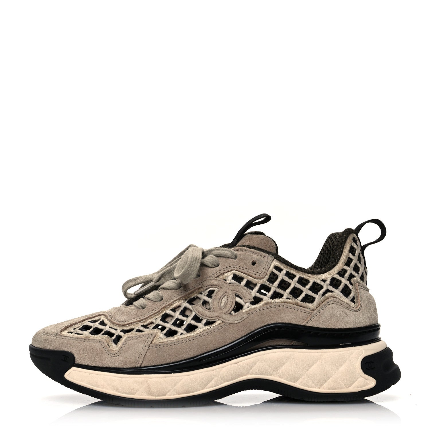 Chanel Suede Calfskin Embroidered CC Sneakers 35.5 Beige Black 1 of 8