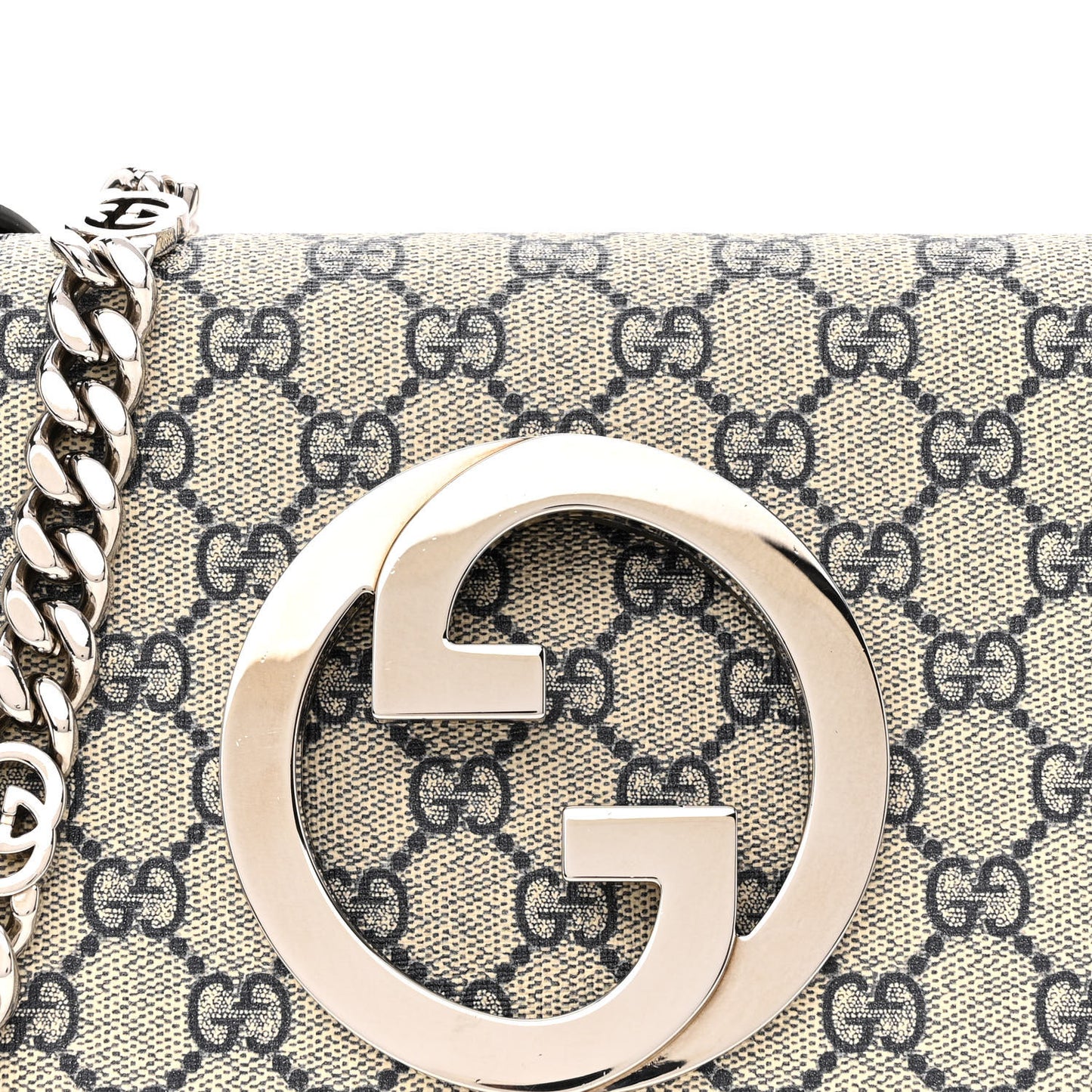 GG Supreme Monogram Textured Dollar Calfskin Blondie Chain Shoulder Flap Bag Beige Blue