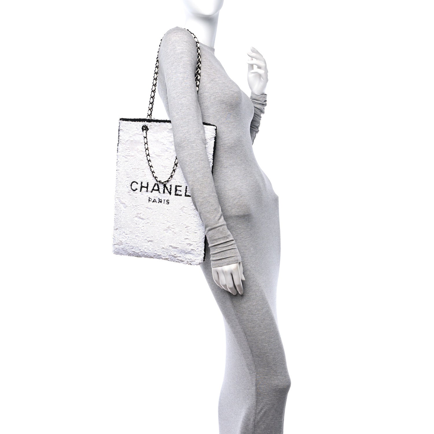 Chanel Sequin Logo Shopping Tote White Black 2 of 11