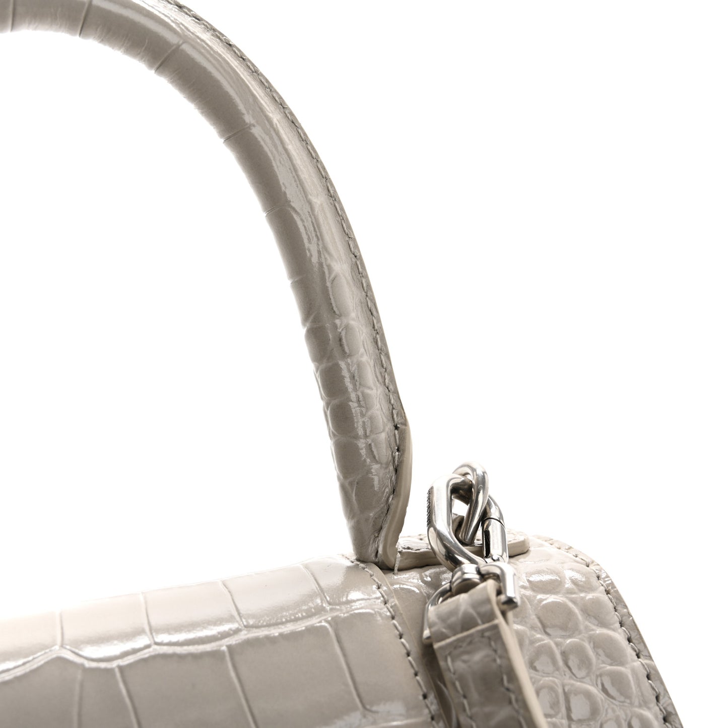 Shiny Calfskin Crocodile Embossed Small Hourglass Top Handle Bag Cold Beige