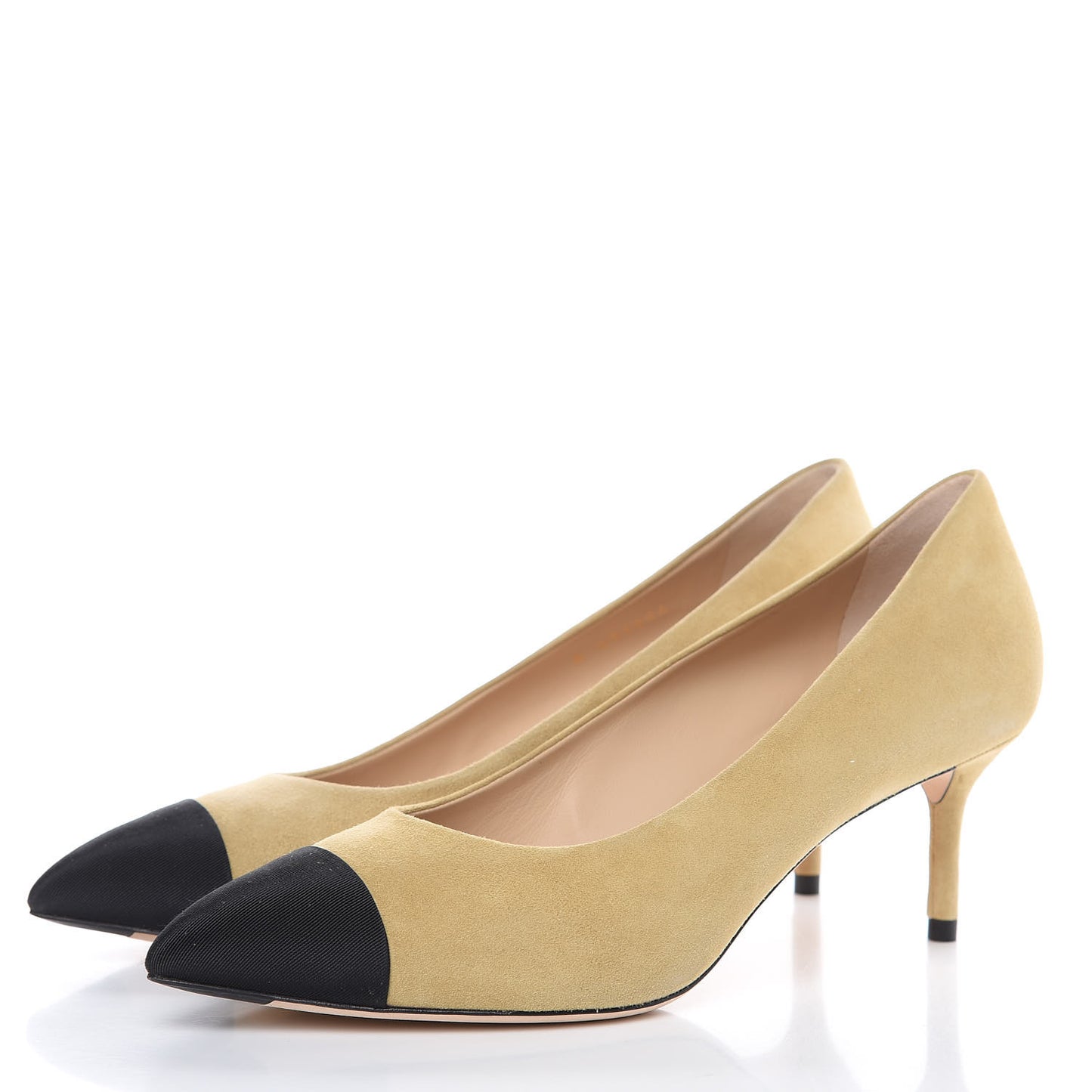 Kid Suede Grosgrain Cap Toe Pumps 38 Beige Black