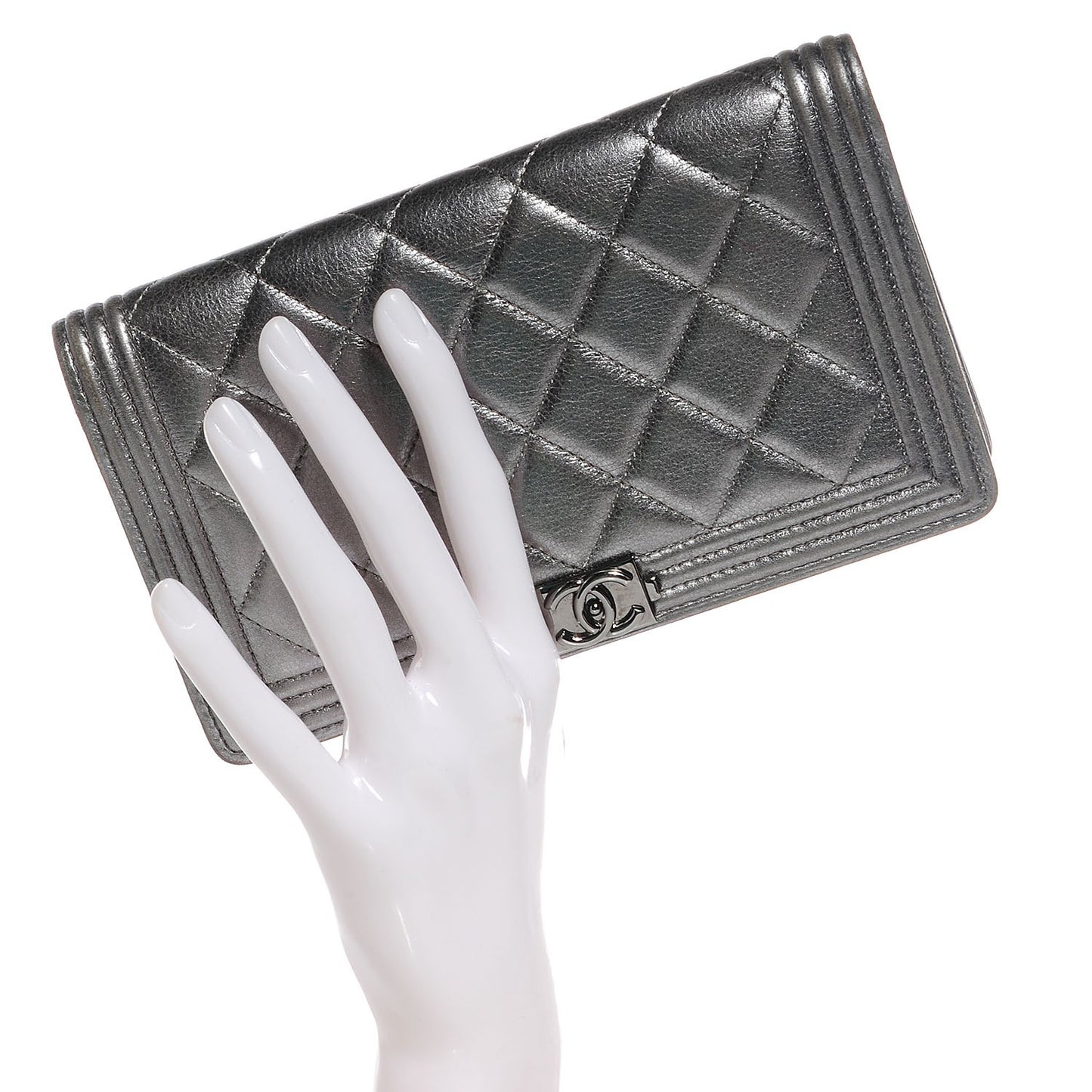 Metallic Calfskin Quilted Boy Yen Wallet Silver
