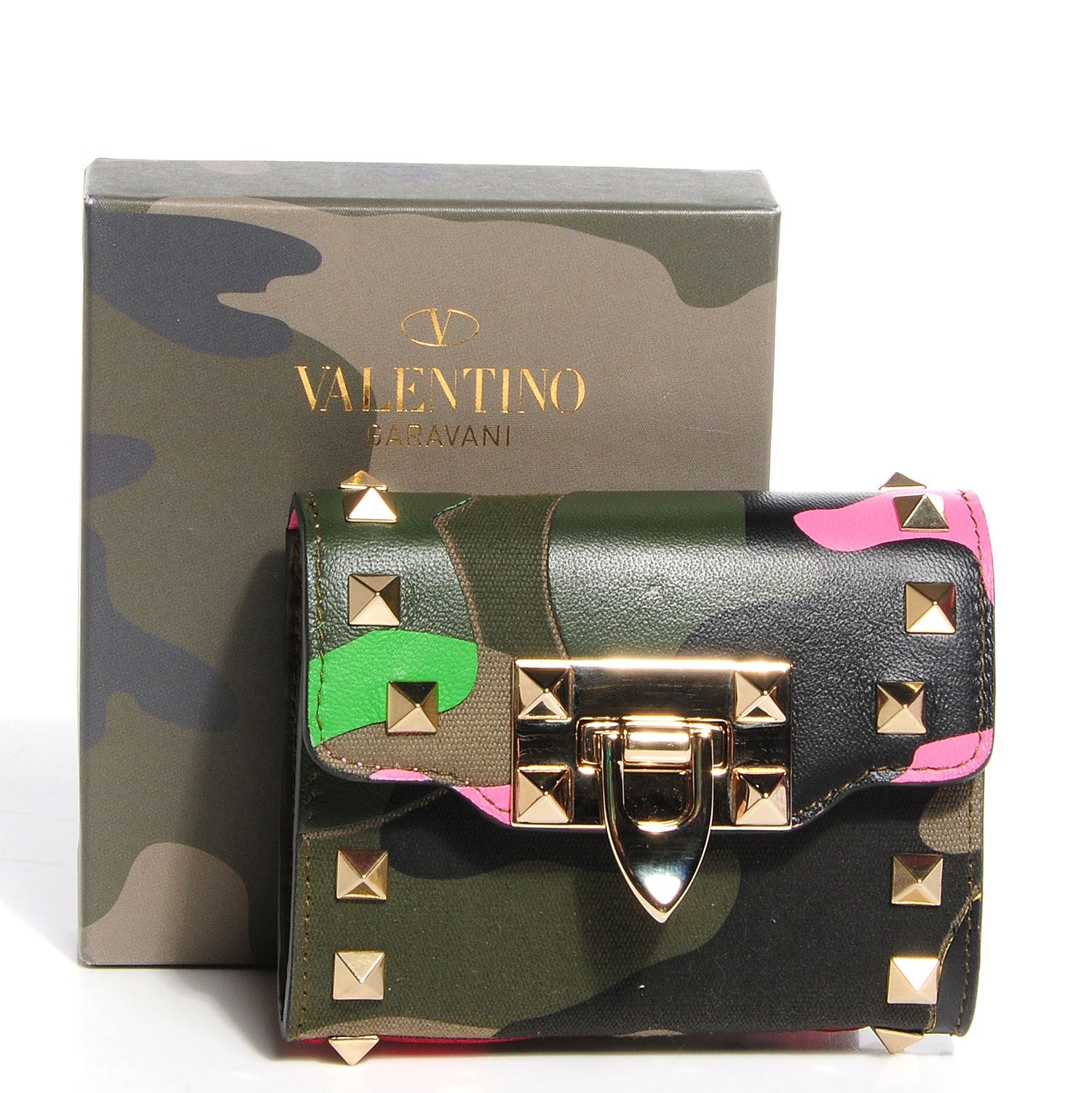 Valentino Garavani Nappa Canvas Camouflage Rockstud Flip Lock Wallet 5 of 9