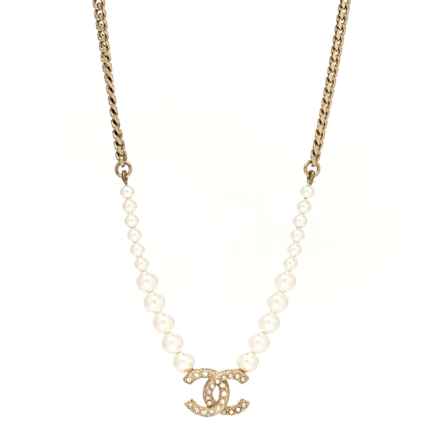 Pearl Crystal Chain CC Necklace Gold