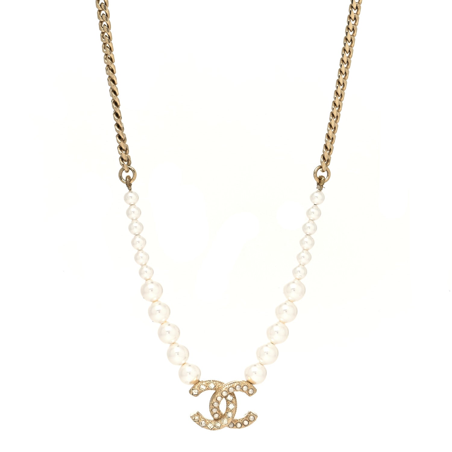 Chanel Pearl Crystal Chain CC Necklace Gold 1 of 5
