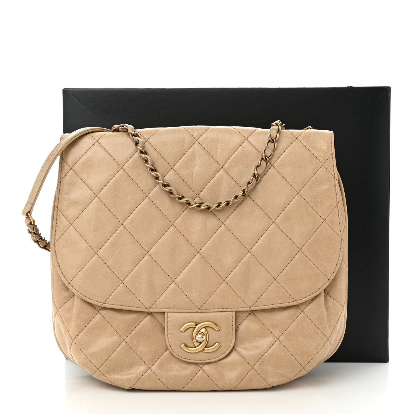 Glazed Calfskin Quilted Medium Bubble CC Flap Beige