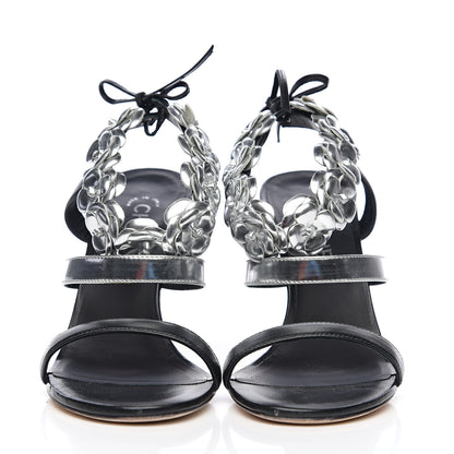 Chanel Lambskin Patent Camellia Ankle Strap Sandals 38 Black 2 of 9