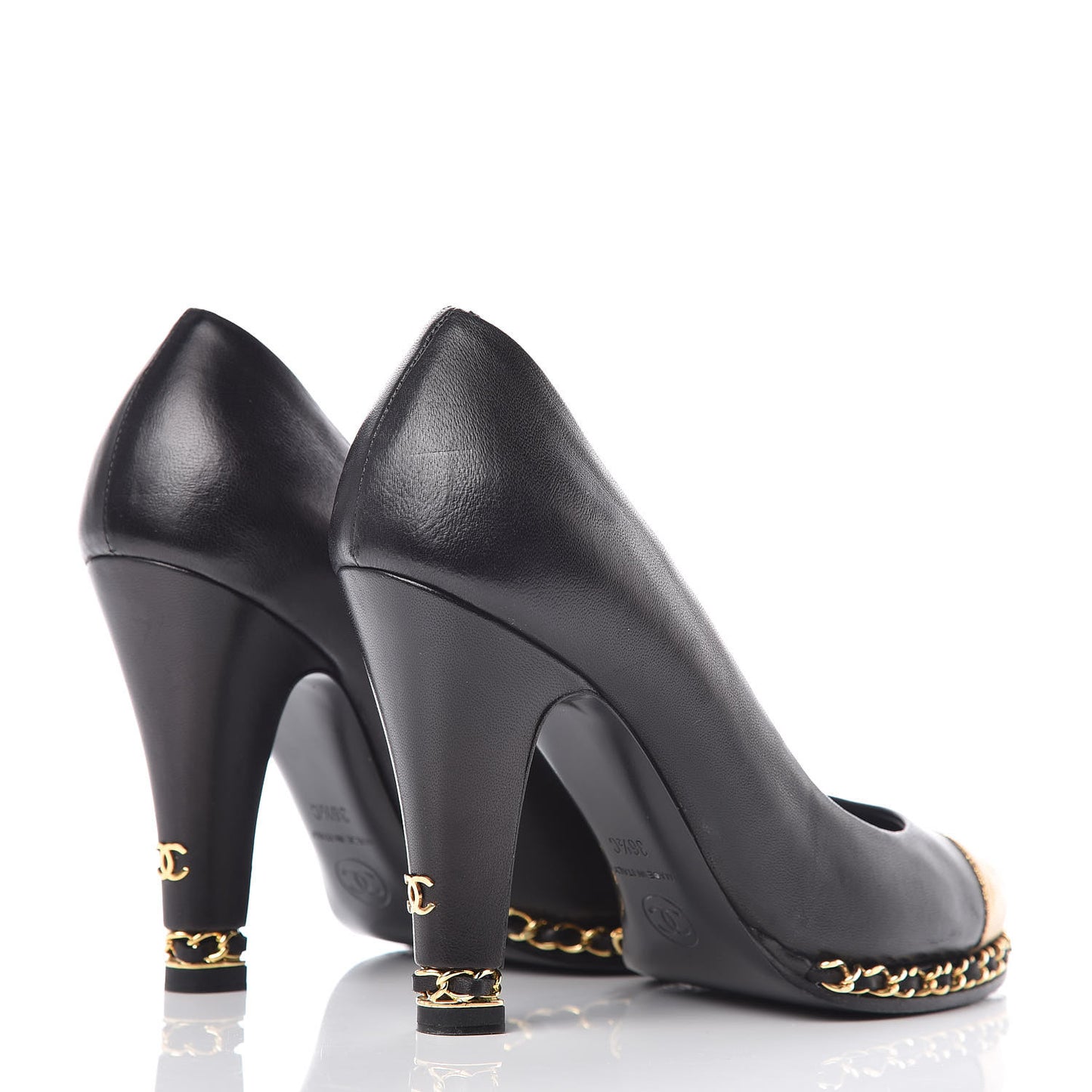 Lambskin Chain Around Cap Toe Pumps 36.5 Black Gold