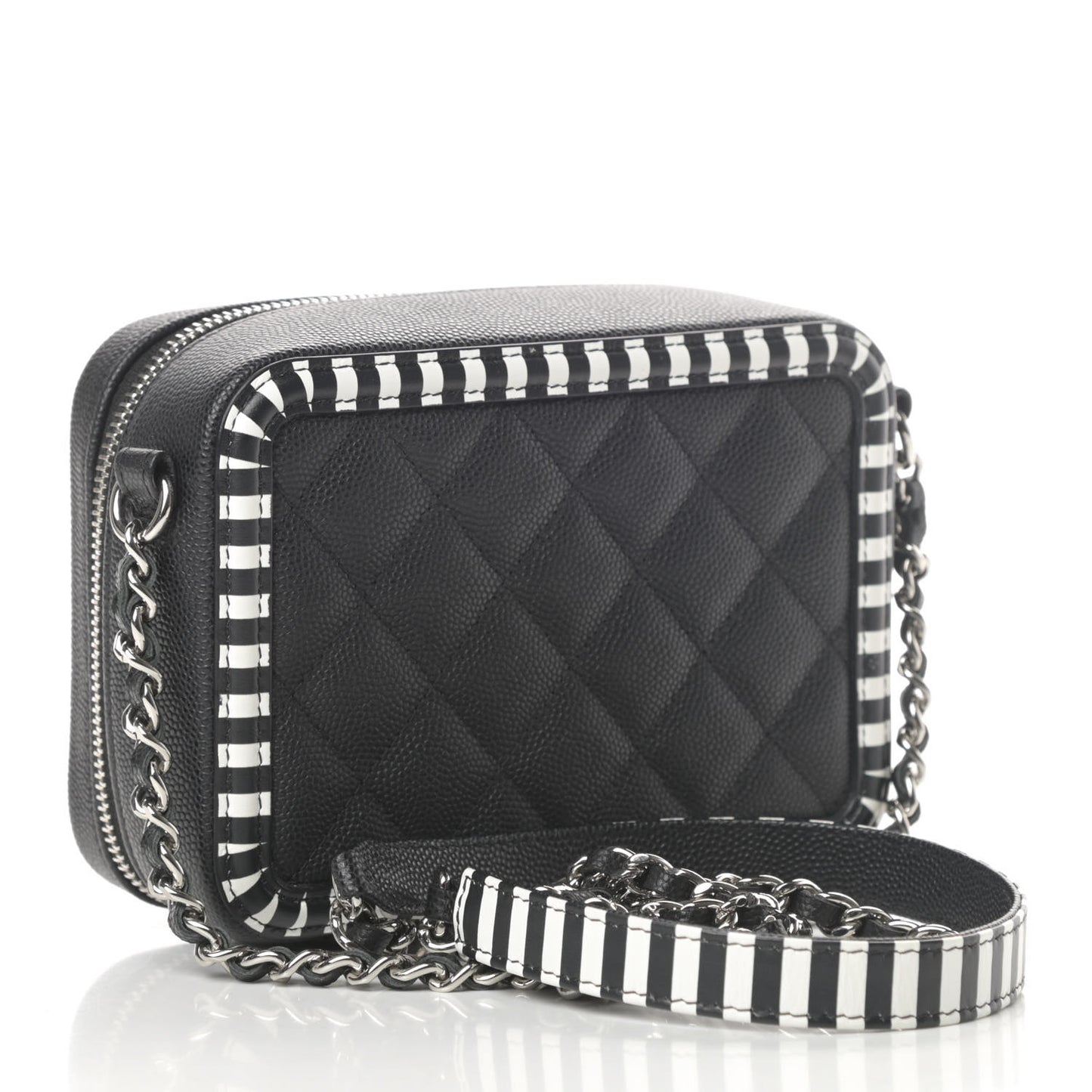 Caviar Quilted Striped Filigree Vanity Clutch With Chain Black White