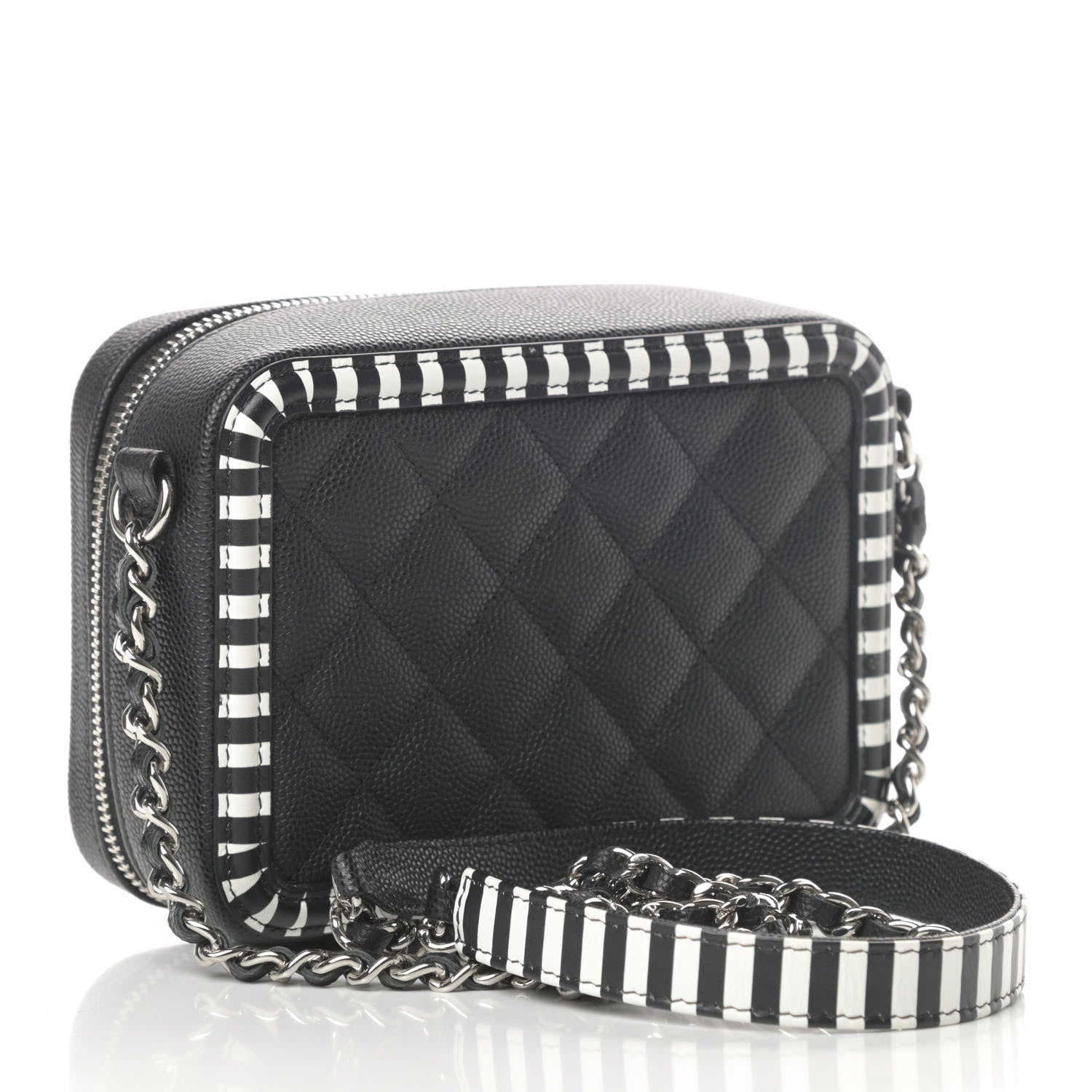Chanel Caviar Quilted Striped Filigree Vanity Clutch With Chain Black White 3 of 10