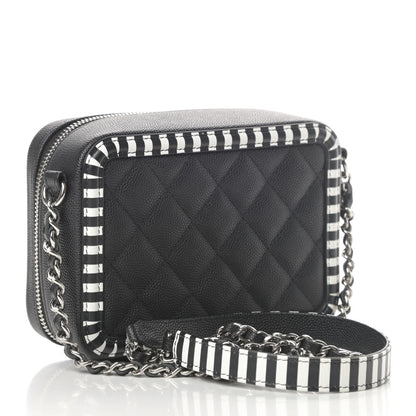 Chanel Caviar Quilted Striped Filigree Vanity Clutch With Chain Black White 3 of 10