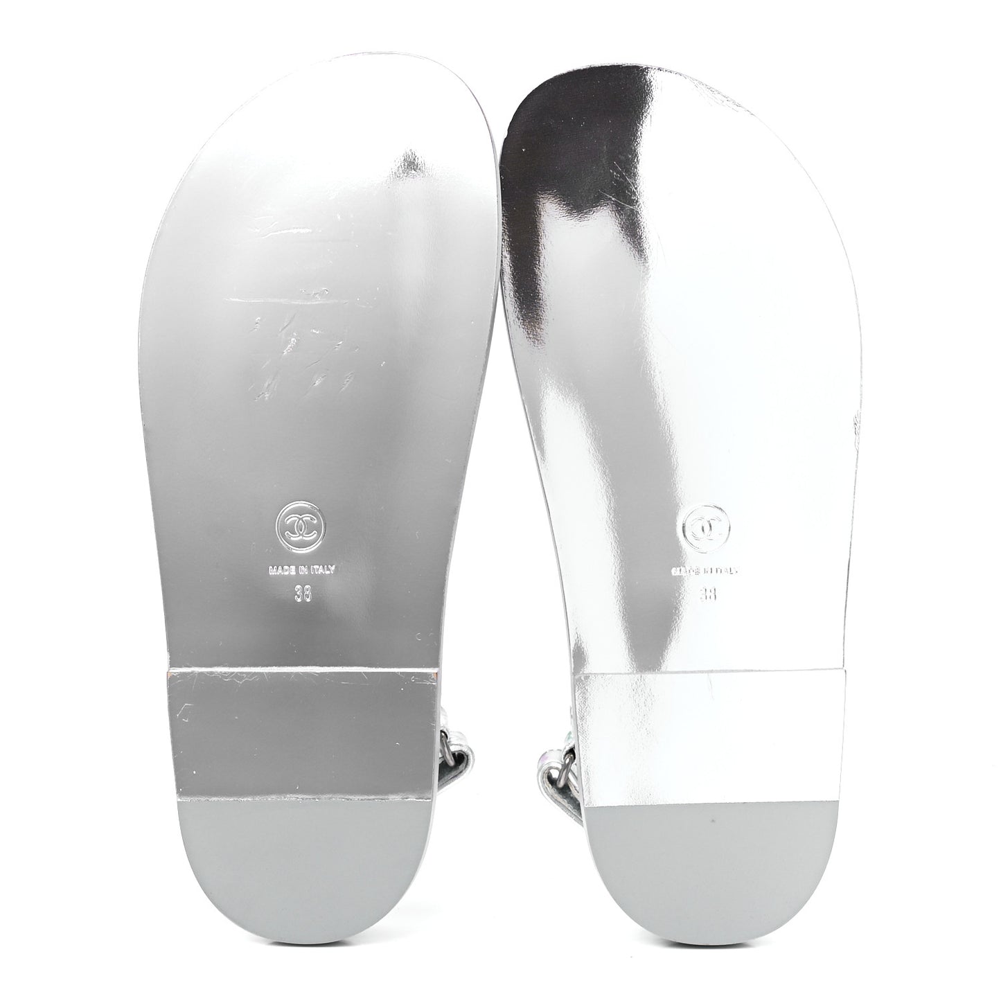 Laminated Lambskin Printed CC Dad Sandals 38 Silver Multicolor