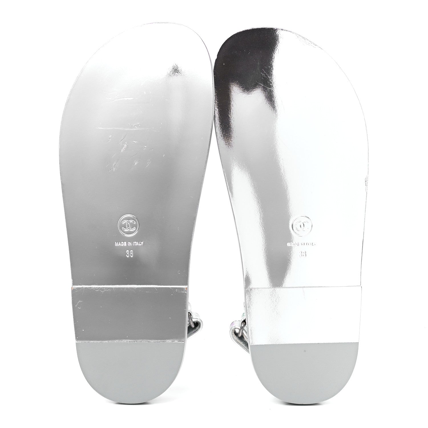 Chanel Laminated Lambskin Printed CC Dad Sandals 38 Silver Multicolor 5 of 8