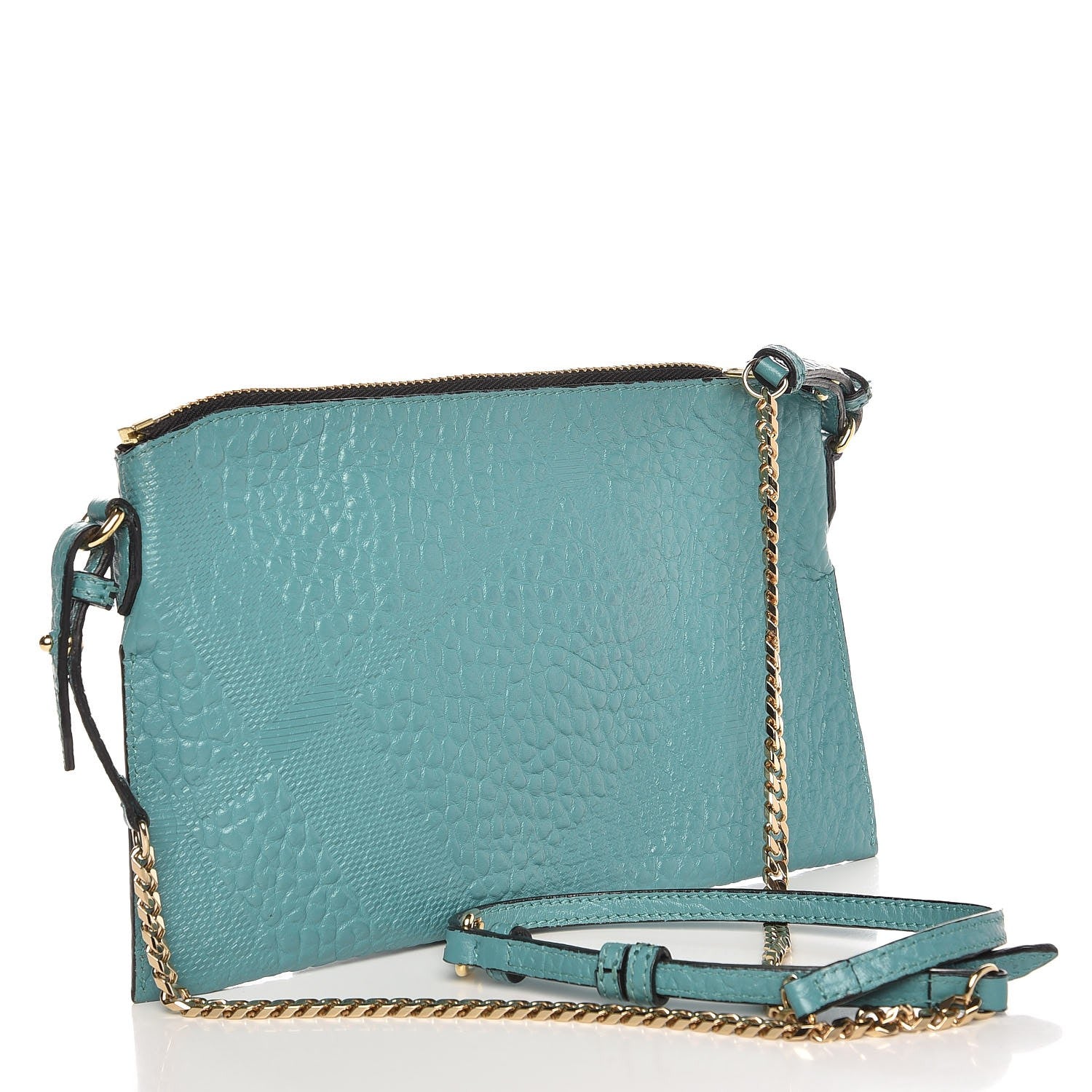 Burberry Signature Grain Calfskin Check Embossed Peyton Crossbody Clutch Bag Aqua Green 3 of 9
