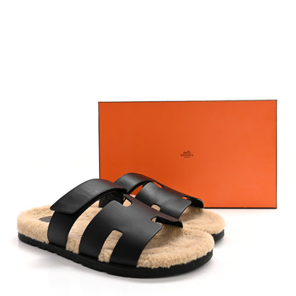 Hermes Calfskin Woolskin Mens Chypre Sandals 45 Black Ecru 11 of 11