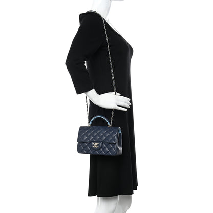 Chanel Lambskin Quilted Bi-Color Mini Top Handle Rectangular Flap Navy Blue Light Blue 2 of 12