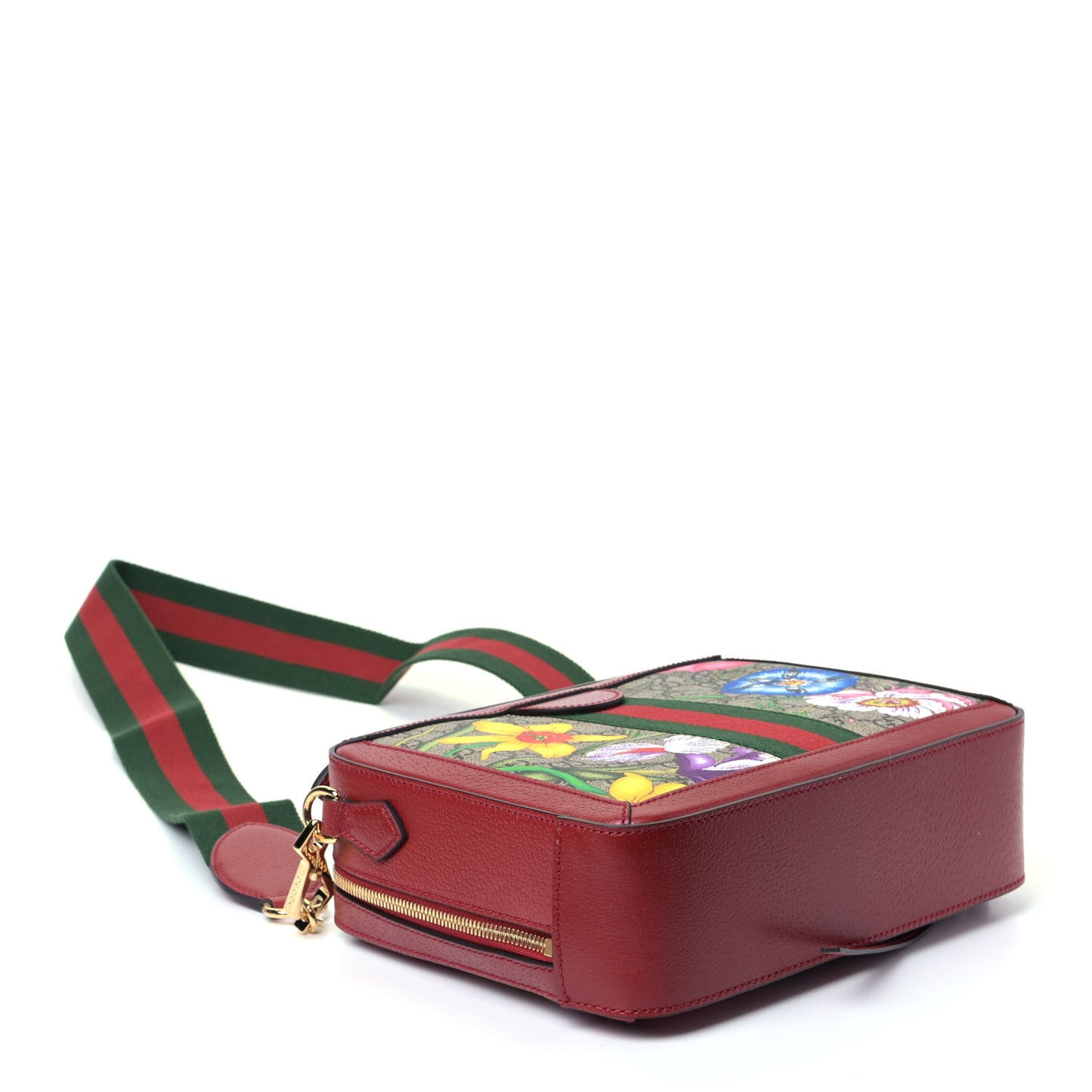 GG Supreme Monogram Flora Web Small Ophidia Top Handle Shoulder Bag Hibiscus Red