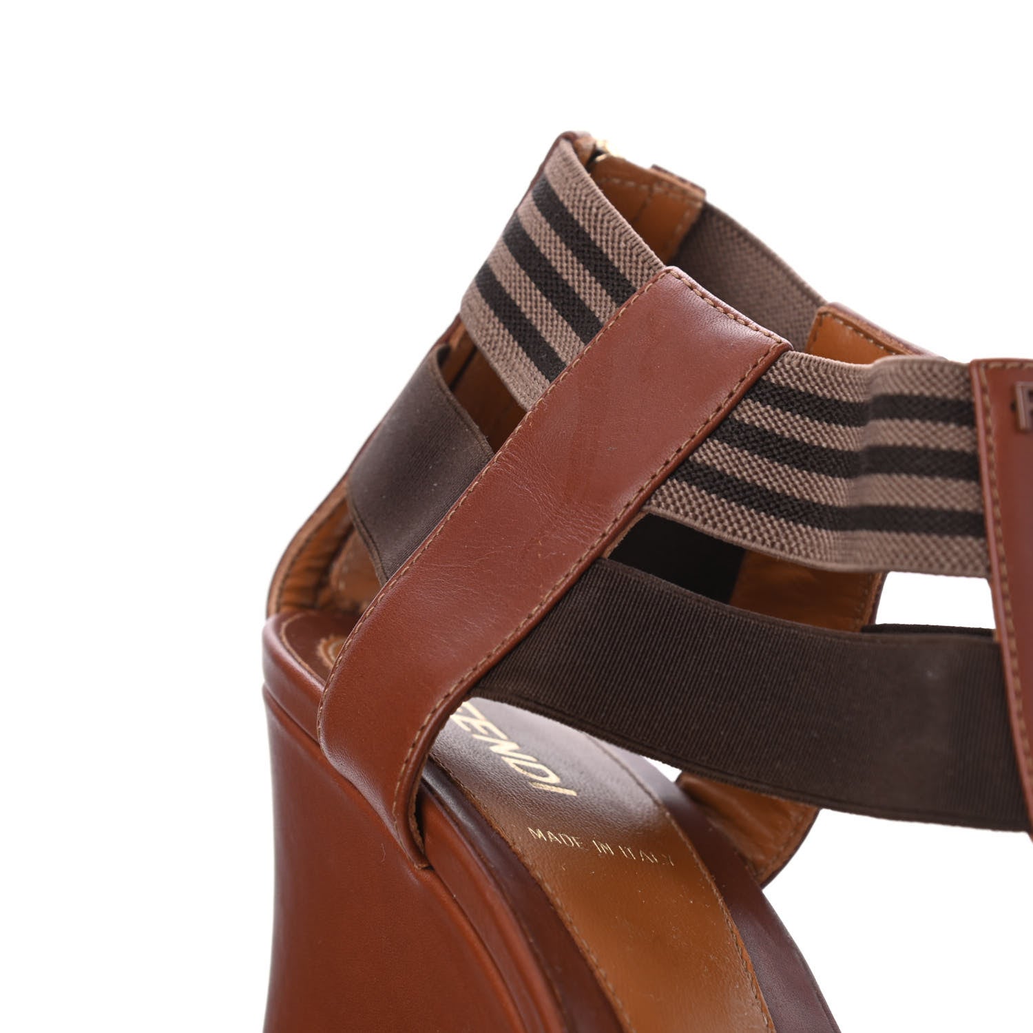 Fendi Calfskin Elastic T-Strap Wedge Sandals 36.5 Tobacco 10 of 14