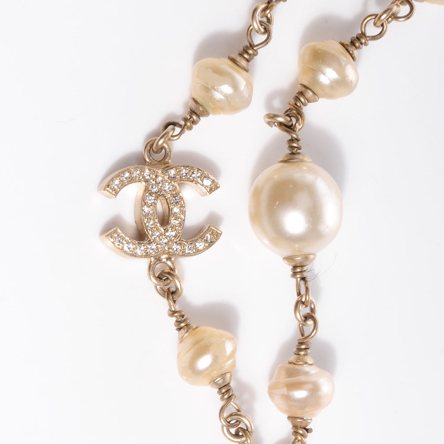 Crystal Pearl CC Long Necklace Gold