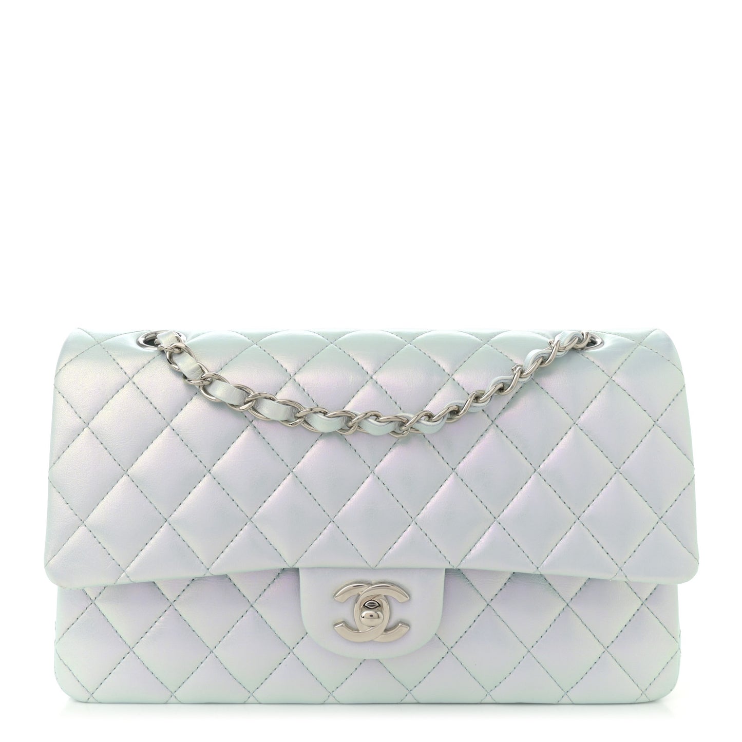 Iridescent Calfskin Quilted Medium Double Flap Light Blue