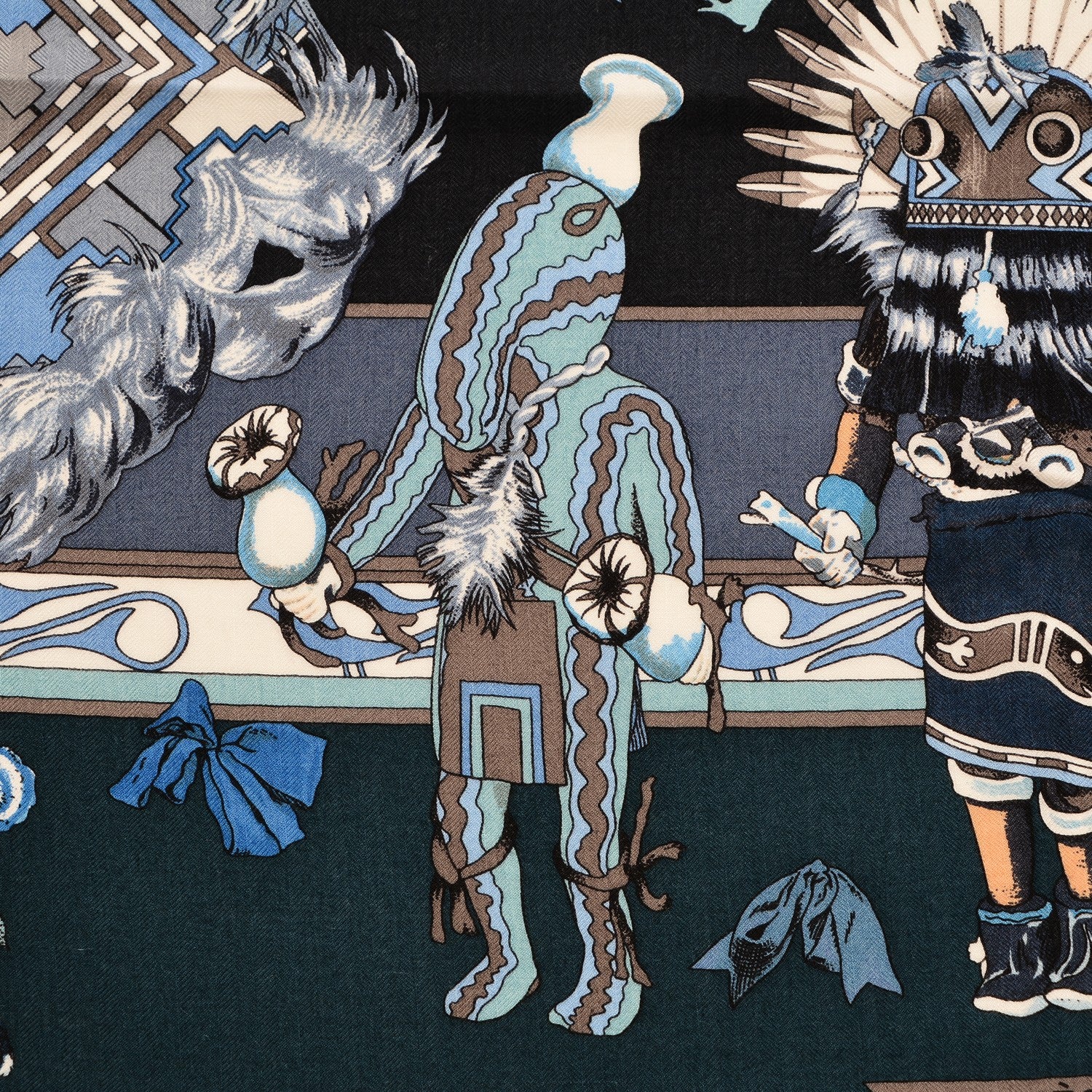 Hermes Cashmere Silk Kachinas Shawl 140 Marine Ciel Gris Bleuete 4 of 7