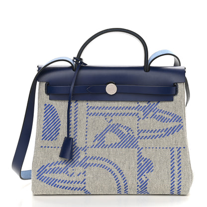 Hermes Vache Hunter Toile H Brides de Gala Herbag Zip Retourne 31 PM Bleu De France Ecru Black 3 of 11